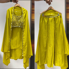 Trendy Stylish Franch Crape Real Mirror With Embroidery Work Blouse Skirt With Shrug