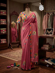 Beautiful Chinon Silk Embroidery & Handwork Saree With Stitched Blouse