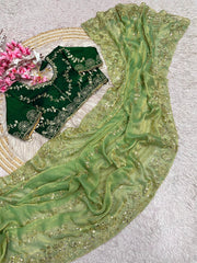 Beautiful  Fendy Chiffon Coding & Sequence Embroidery Saree With Stitched Blouse