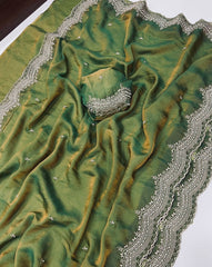 Beautiful Moss Satin Dual Shade Multi Embroidery Work Saree