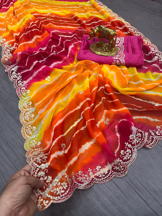 Beautiful  Pure Georgette With Jodhpur Lehriya Printed Saree