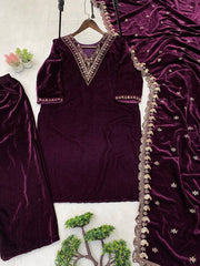 Winter Special Velvet Sequence Embroidery Work Suit