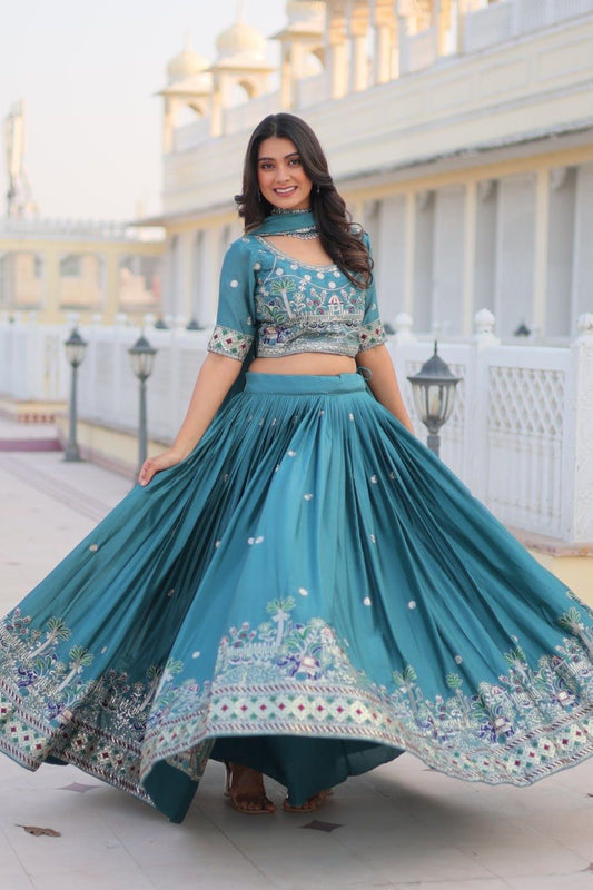 Beautiful Pure Chinon Silk Embroidery Sequence & Thread Work Lehenga Choli
