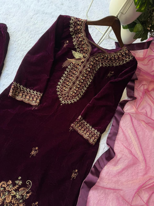 Winter Special Velvet Embroidery Work Suit