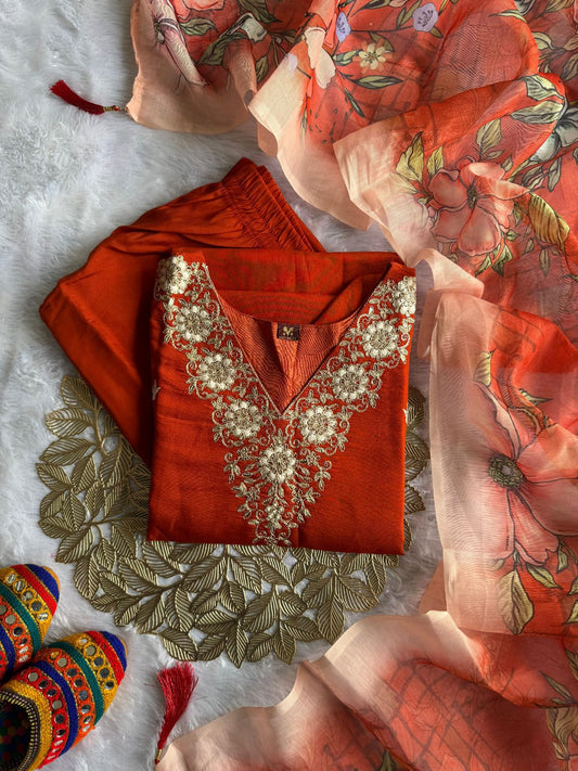 Beautiful Roman Silk With Embroidery Sequence Work Dress