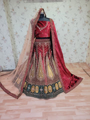 Heavy Pure Lycra Velvet Zarkan Work Multi Colour Double Duppata & Double Cancan Bridal Lehenga Choli