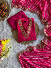 Pink Maslin Silk Print with Embroidery & Dori Gotta Patti Work Dress