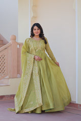 Viral Trending Gold-Crush Fabric With Sequence Multi Embroidered Work Gown
