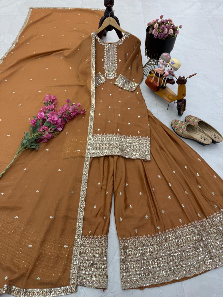 Party-Wear Designer Chinon Silk Codding Sequence & Embroidery Sharara