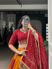 Festival Special Tasar Silk Bandhej Printed & Gamthi Work Lehenga Choli
