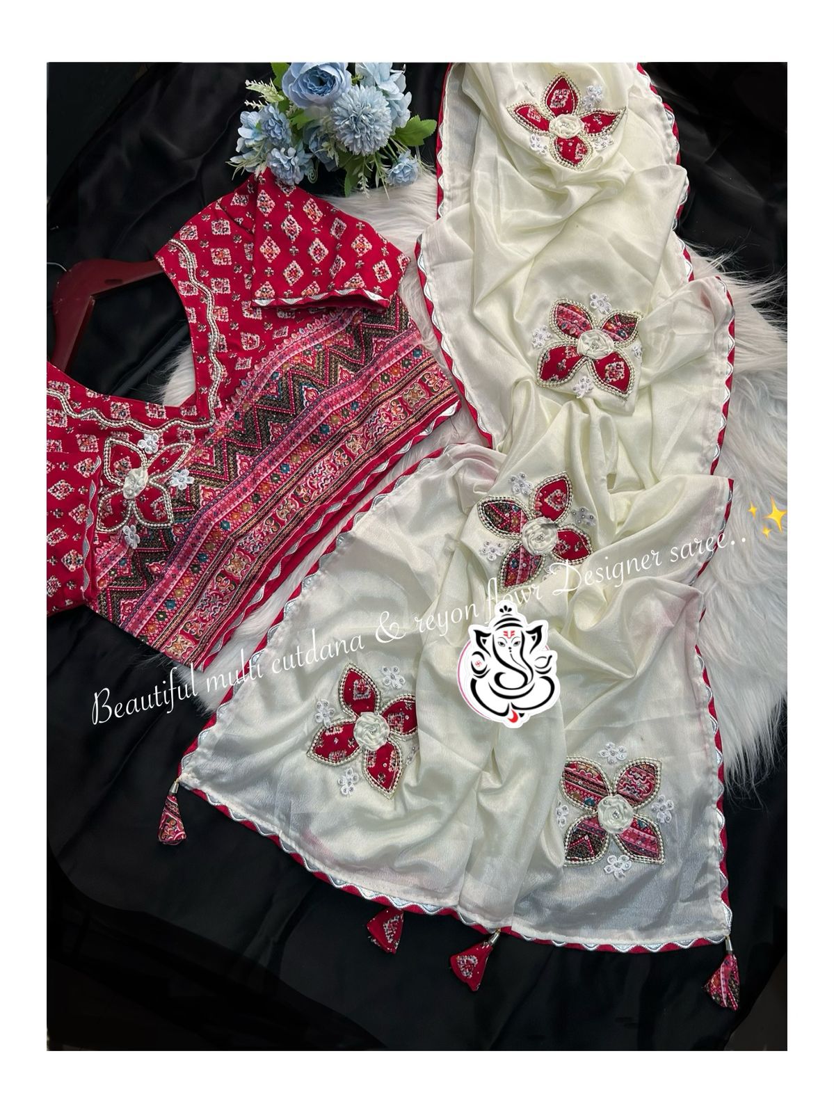 Beautiful Multi Chinon Silk Flower Butta Designer Saree
