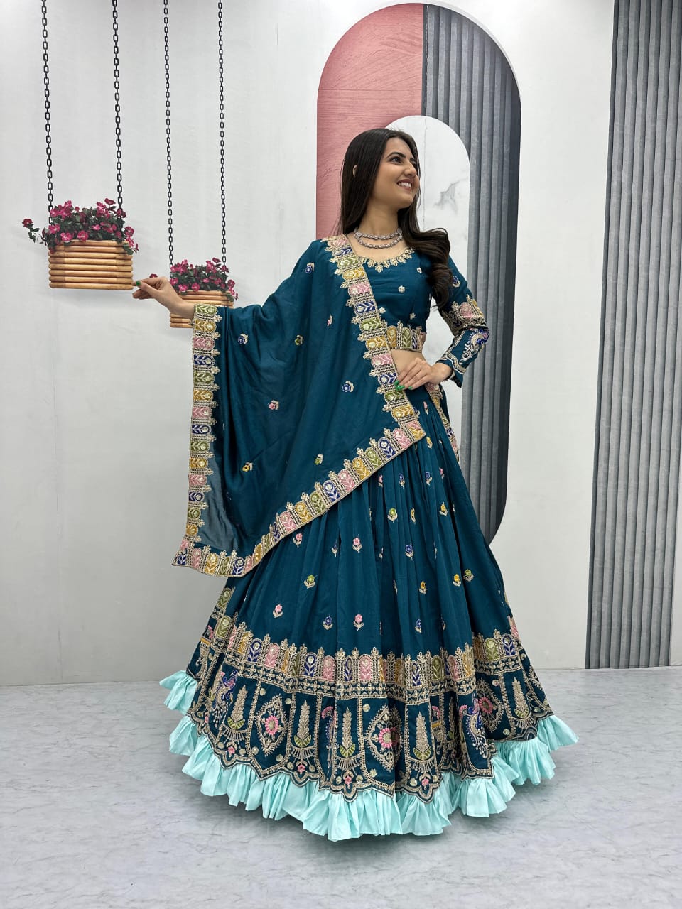 Festive Special Vichitra Silk Embroidery Coading Sequence & Thread Work Lehenga  With Stitched Blouse