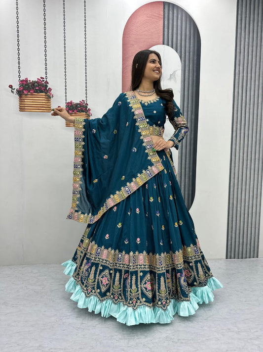 Festive Special Vichitra Silk Embroidery Coading Sequence & Thread Work Lehenga  With Stitched Blouse