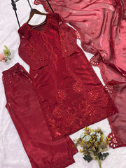 Party-wear Glass Roman Silk Sequence Embroidery With Cutwork Designer Suit
