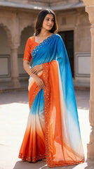 Beautiful Pure soft Chinon Peding Katdana Moti With Real Mirror Work Saree