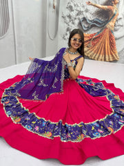 Navratri Special Silk Real Mirror Work Position Printed Lehenga With Stitched Blouse