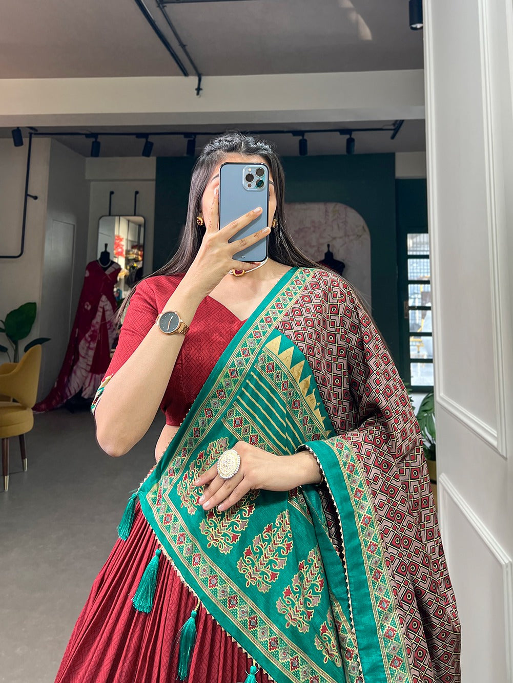 Ethnic Traditional Tussar Silk Foil Printed Lehenga Choli