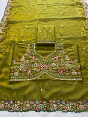 Party-wear Fendy Satin Silk Embroidery Butta Cutwork Border Saree