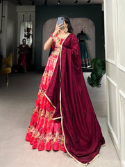 Beautiful Red Tussar Silk Printed Lehenga Choli