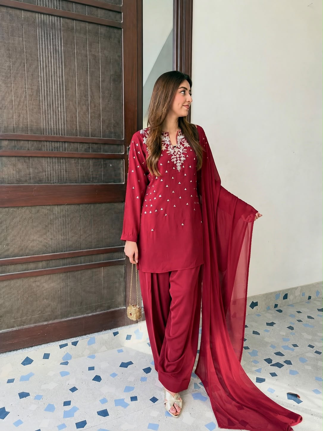 Party-wear French Crape Beads & Sequence Embroidery Work Salwar Suit