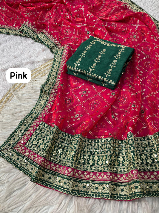 Beautiful Fendy Satin Rich Look Bandej Foil Work Saree