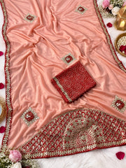 Beautiful Chinon Bandhej Patch Butta With Gotapatti Work Saree