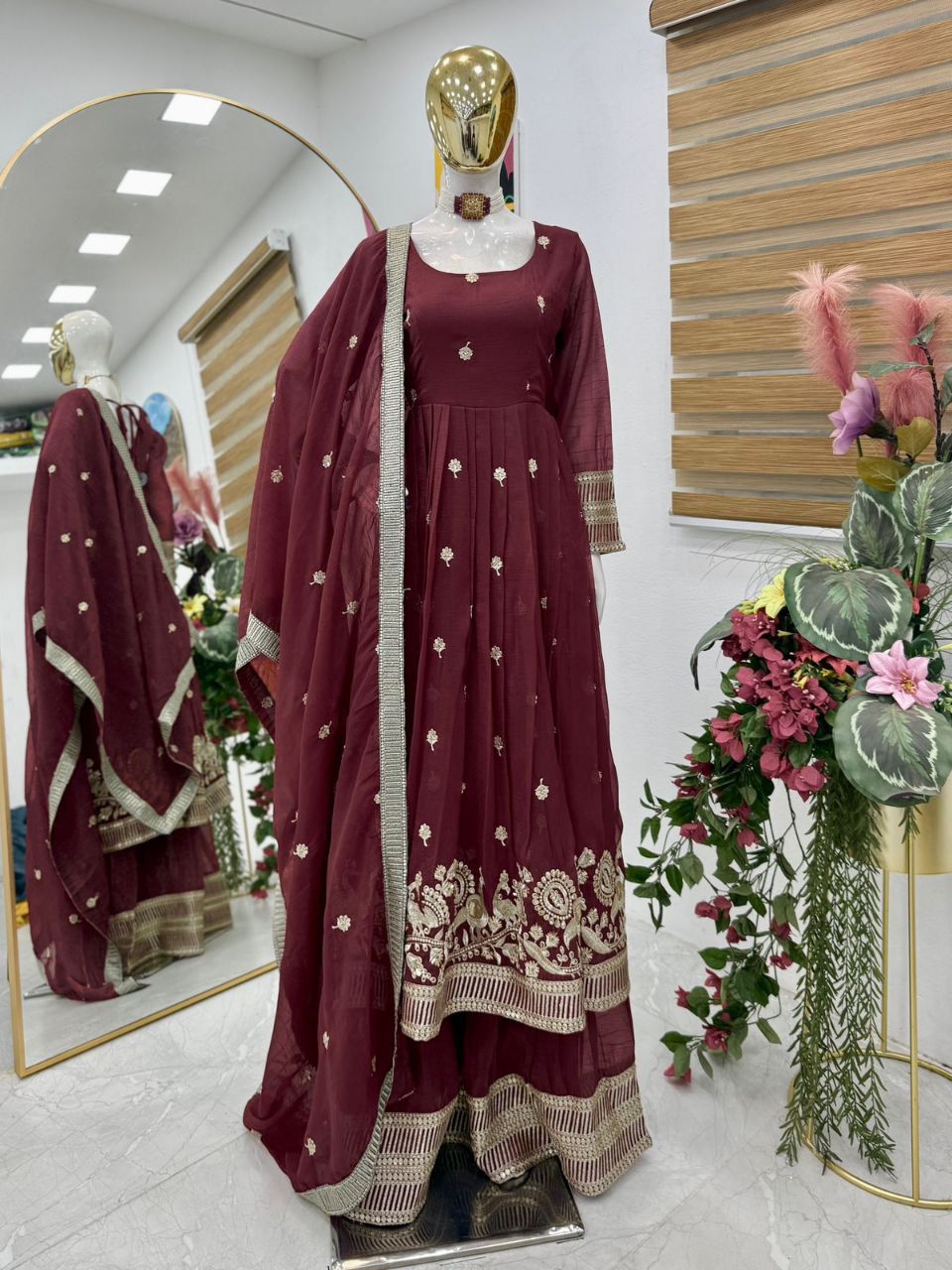 Designer Party-wear Gold Crazy Embroidery & Lace Work Suit