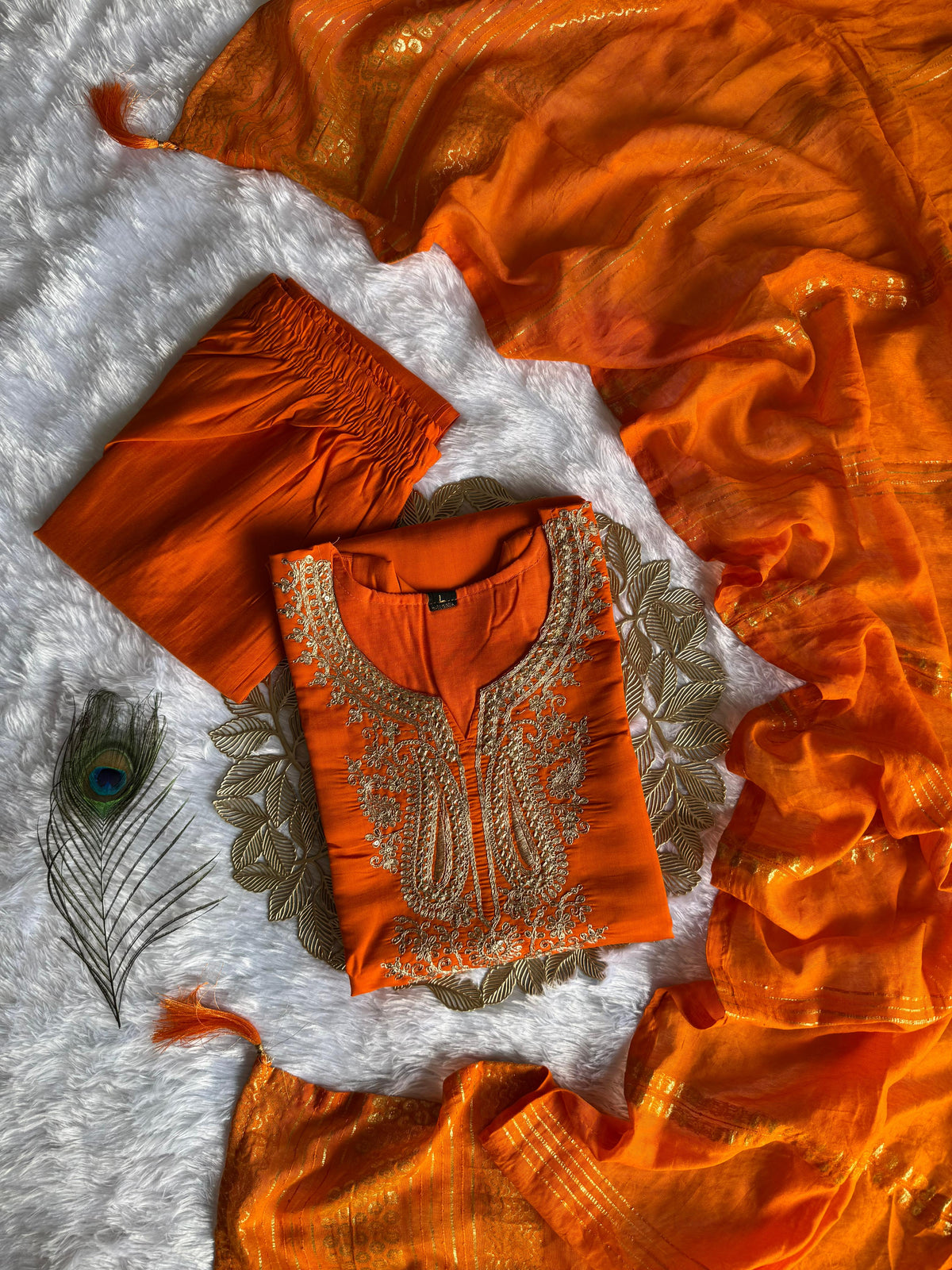 Beautiful Orange Roman Silk With  Embroidery & Sequence Work Dress