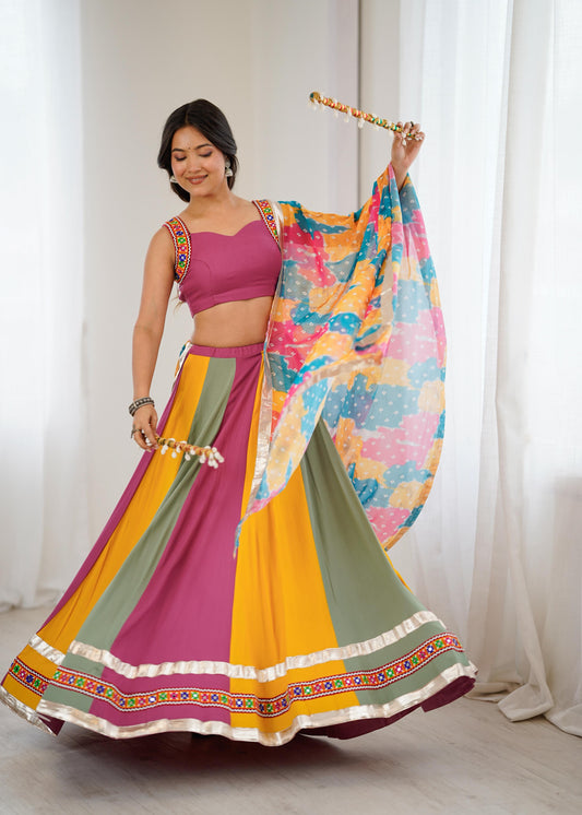 Beautiful Rayon Gamthi Thread Work With Real Mirror Work Lehenga Choli