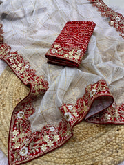 Beautiful Soft Kota Doriya Bandhej White Saree