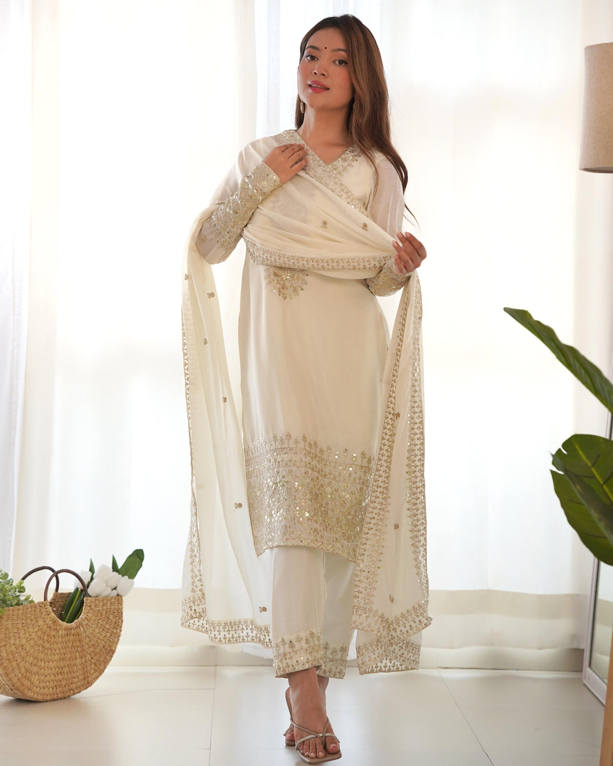 Beautiful Chinon Silk Embroidery Sequence & Zari Work Suit