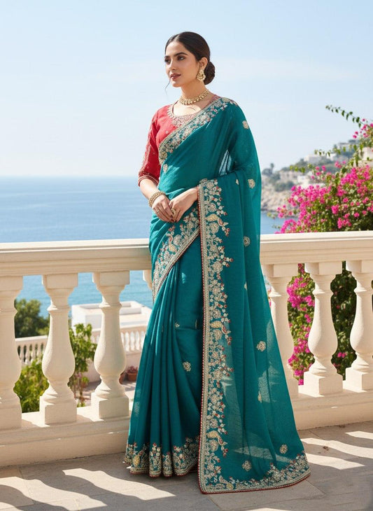 Beautiful Fendy Chiffon Silk Embroidery With Piping Border Saree
