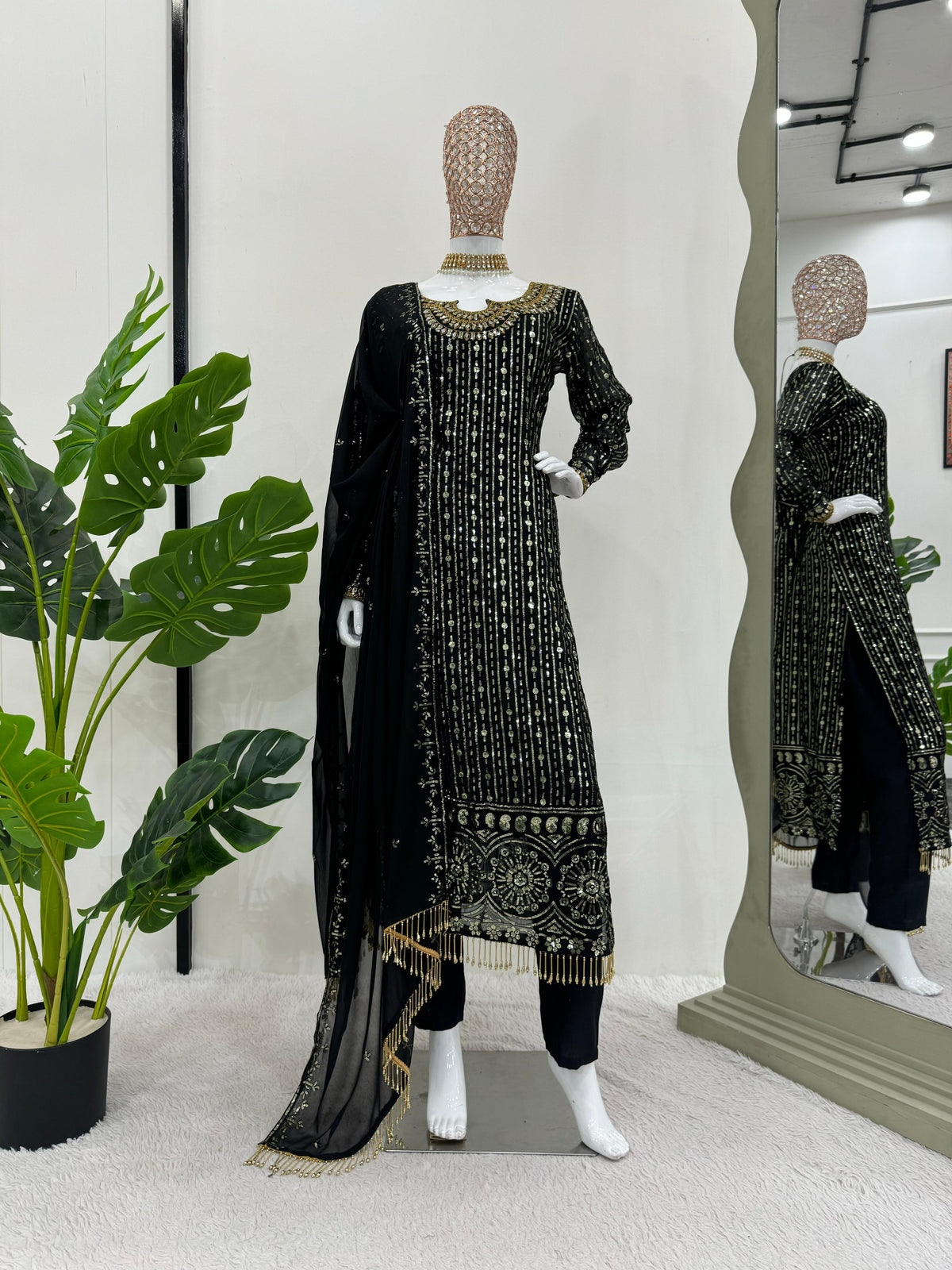 Pretty Black Colour Sequence Real Mirror Work Salwar Suit