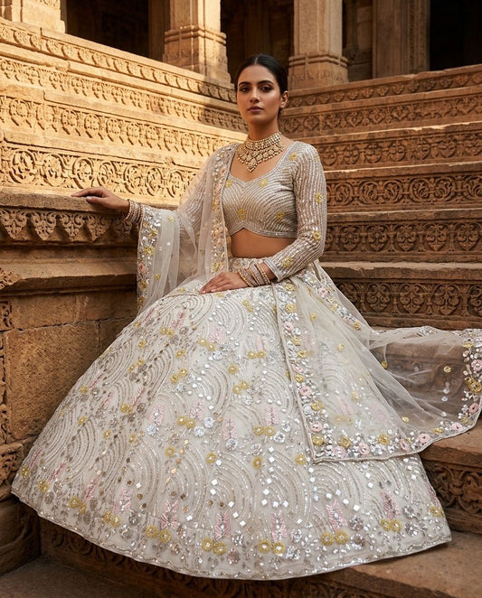Party-wear Butterfly Net Real Mirror Embroidery Sequence Work Lehenga Choli