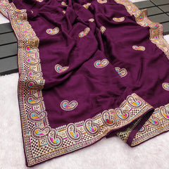 Beautiful  Vichitra Silk With Heavy Embroidery Thread Zari Work Saree