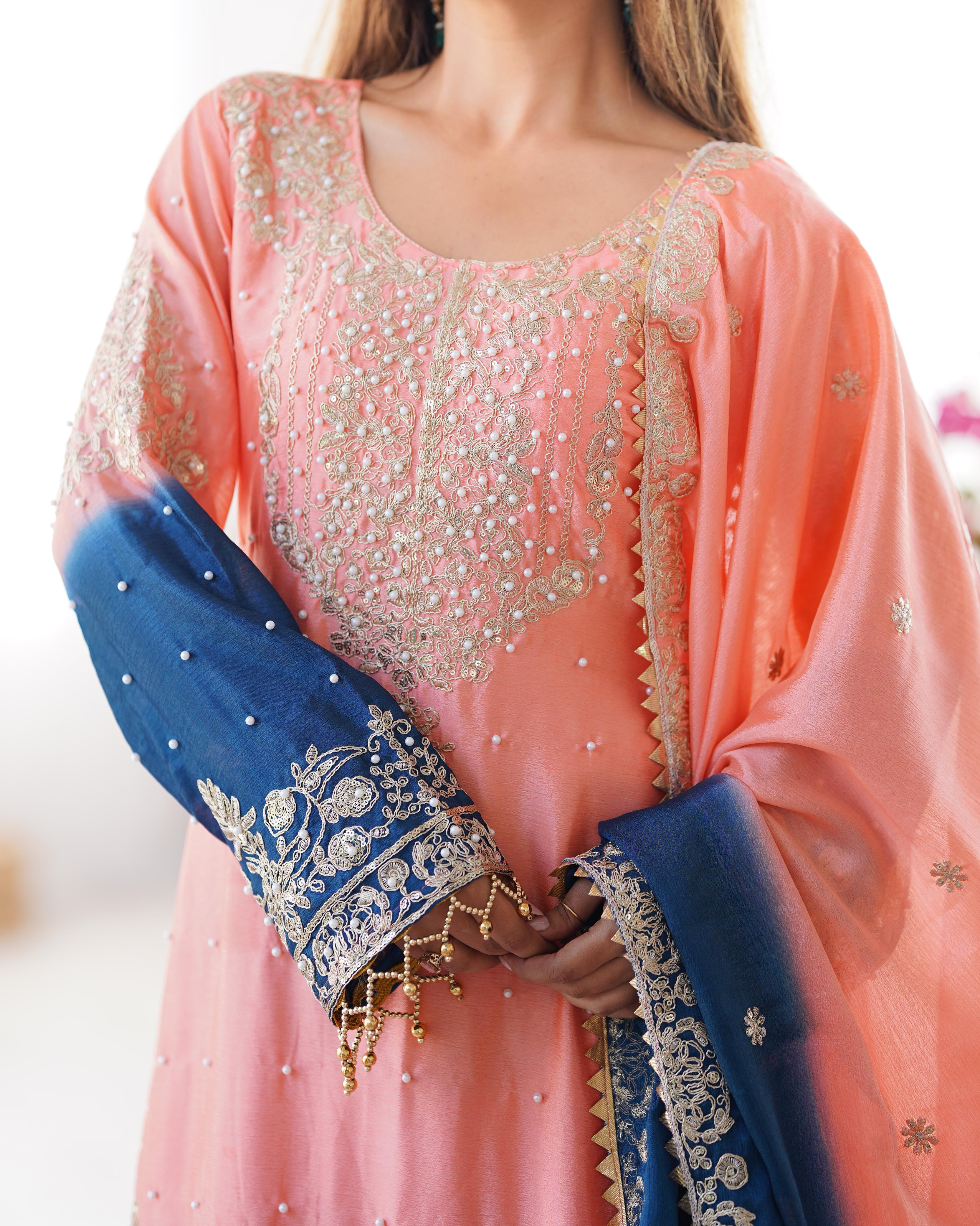 Beautiful Designer Chinon Silk Sequence With Rivet Moti Work Sharara