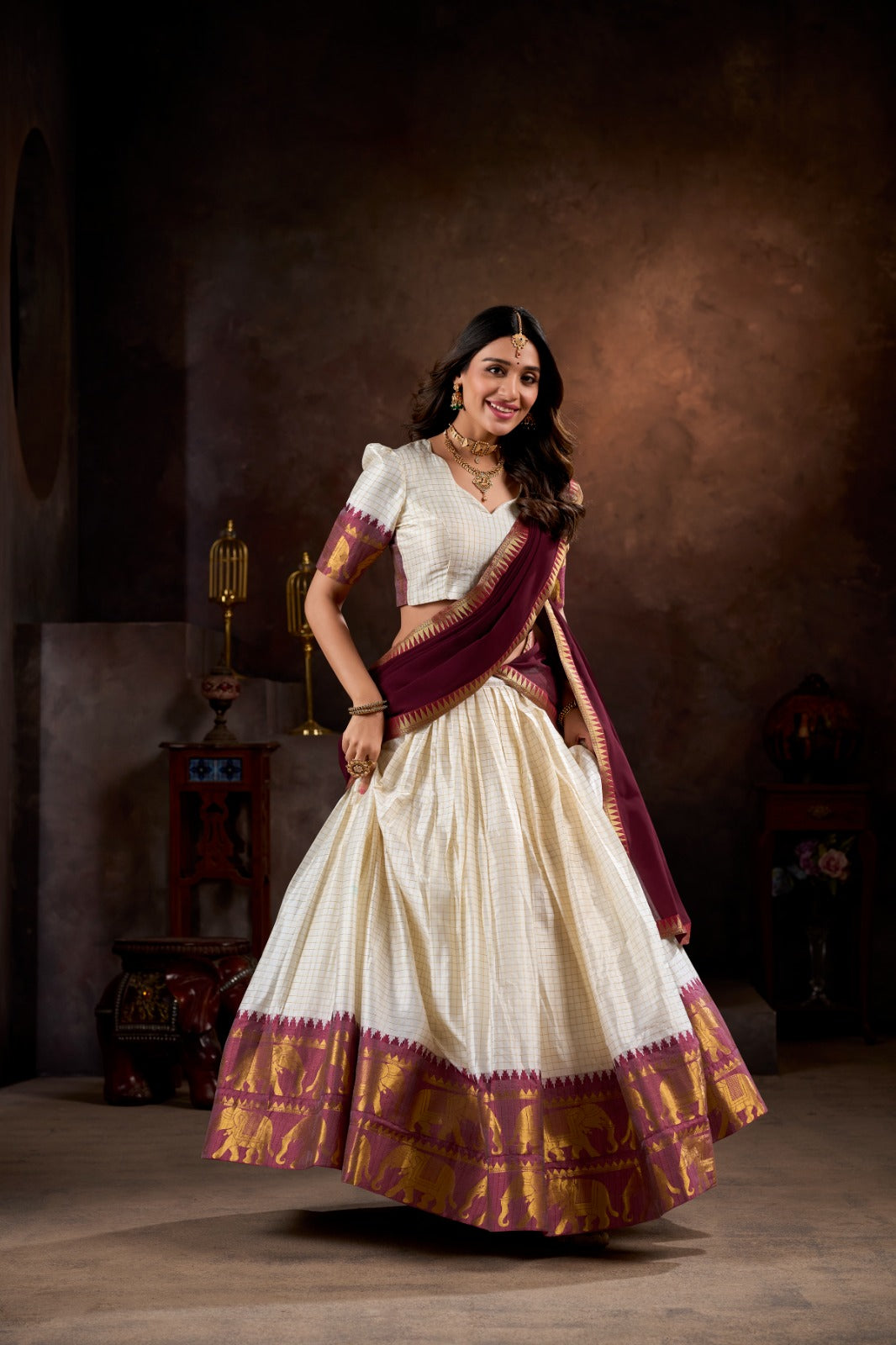 Beautiful Traditional Kalyani Cotton Chex With Zari Weaving Work Lehenga Choli