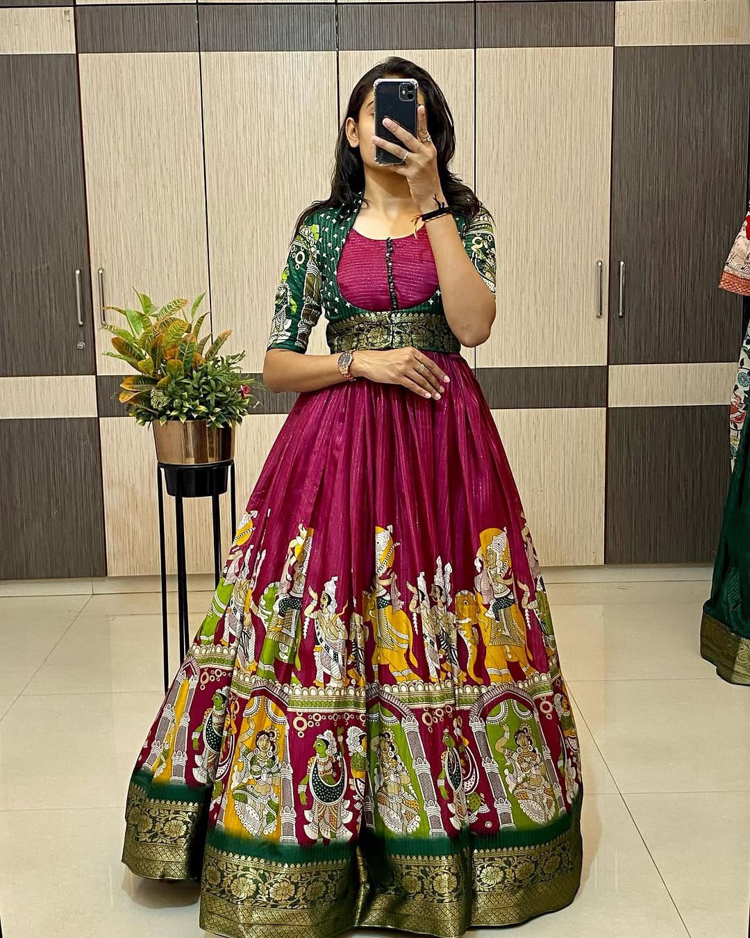 Trendy Exquisite Kalamkari Dola Silk Gown With Koti
