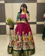 Trendy Exquisite Kalamkari Dola Silk Gown With Koti