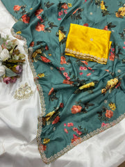 Beautiful Smooth Chinnon Embroidery Printed Work Saree