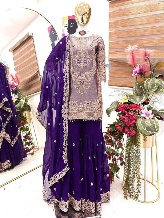 Party-wear Crunchy Silk Codding Embroidery Sequence Work Sharara