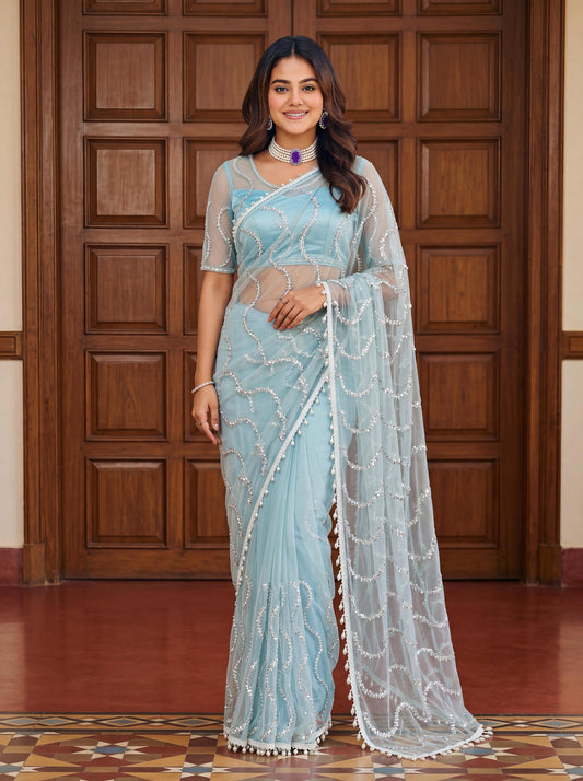 Party-wear Net Bits Sequence Pearls Embroidery Work Saree