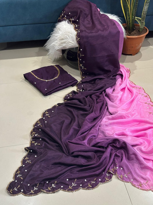 Beautiful Pure Soft Chinon Peding Handwork Border Saree