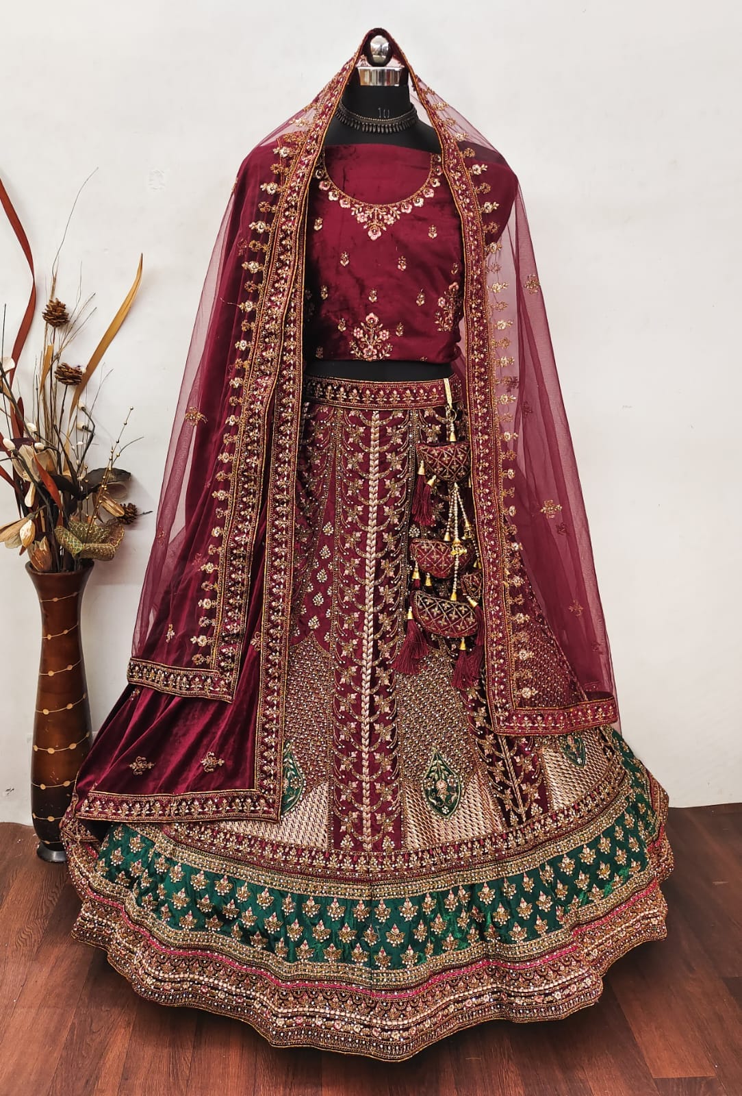 Most Awaited Bridal Special Multi Colored Velvet Diamond Work Lehenga Choli