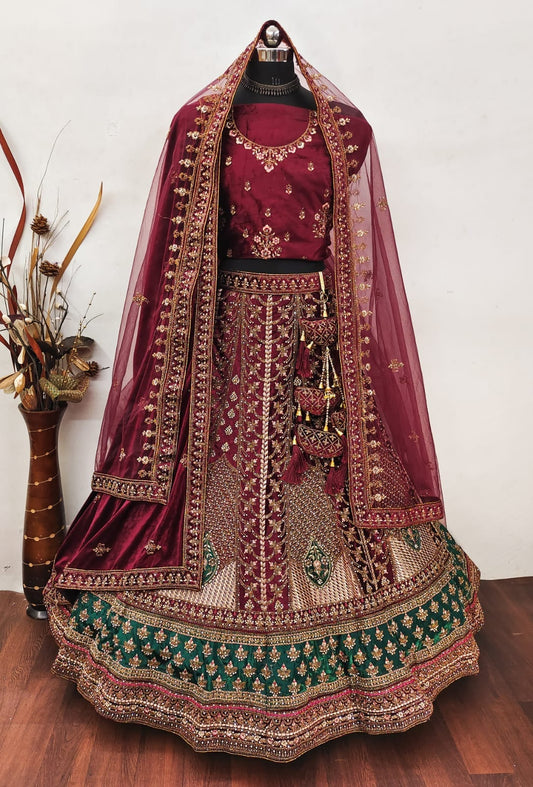 Most Awaited Bridal Special Multi Colored Velvet Diamond Work Lehenga Choli