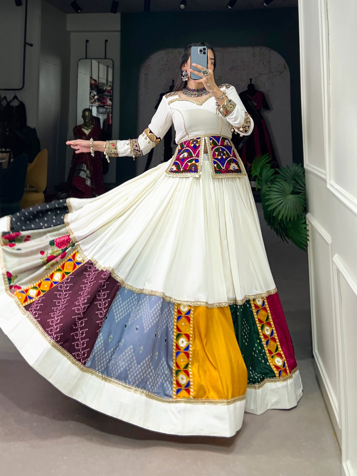 Navratri Special White Rayon Silk Lehenga Choli