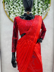 Designer Party-wear Satin Silk Thread With Sequence Work Lehenga Saree