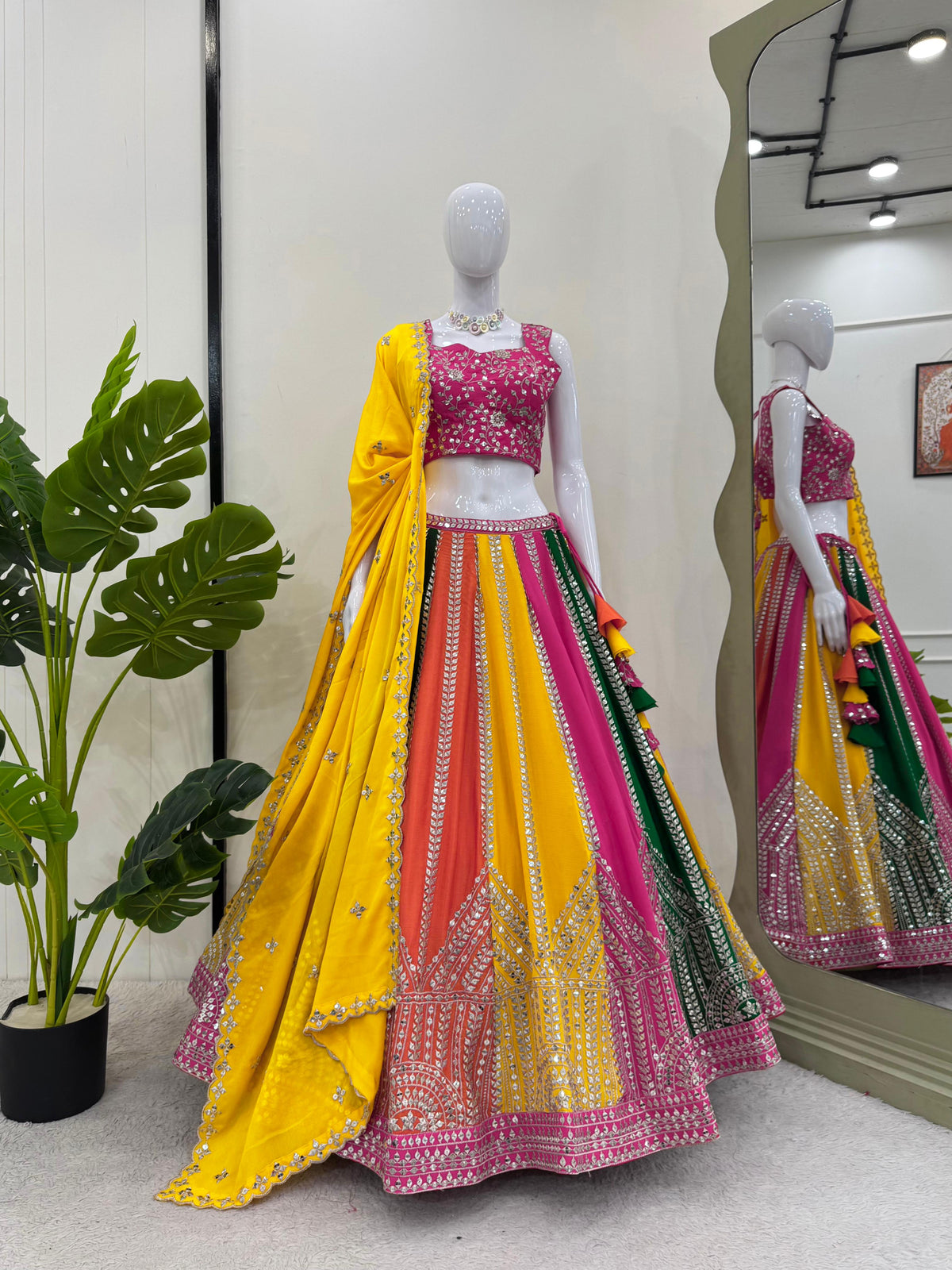 Trending Multi Colored Chinon Silk Thread With Sequence Work Lehenga Choli