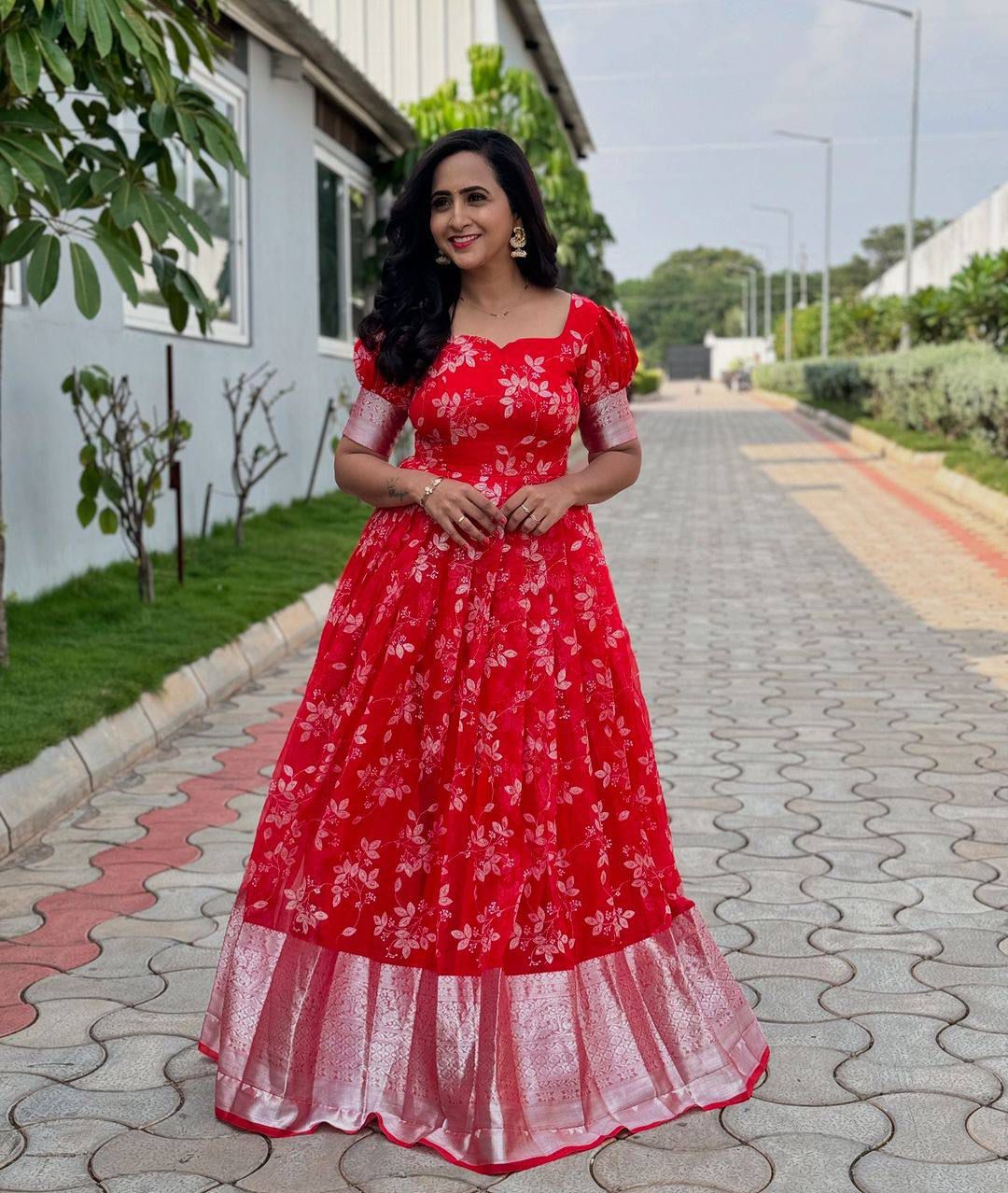 Trending Full Stitched Organza Silk With Full Flair Foil Work Gown