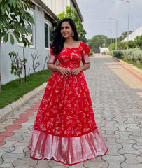 Trending Full Stitched Organza Silk With Full Flair Foil Work Gown